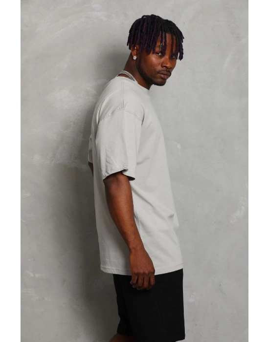 Oversize Düz Bisiklet Yaka T-Shirt - Gri -