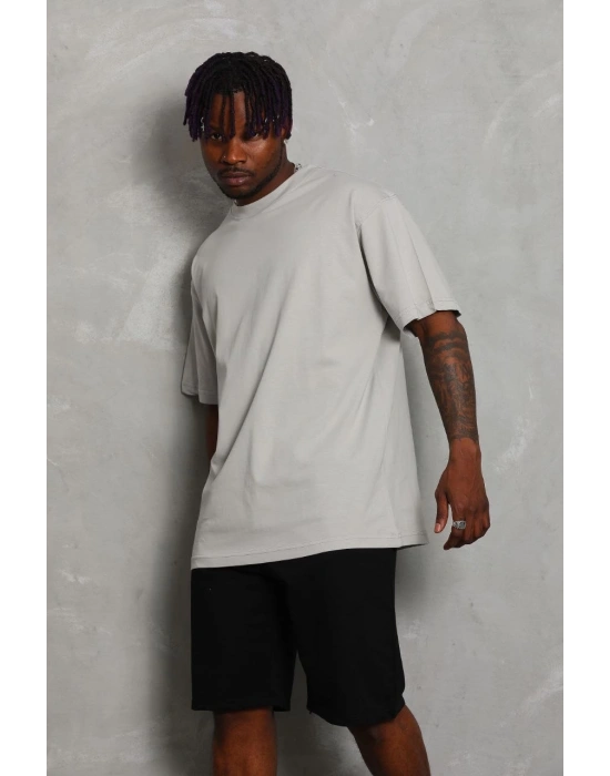 Oversize Düz Bisiklet Yaka T-Shirt - Gri -