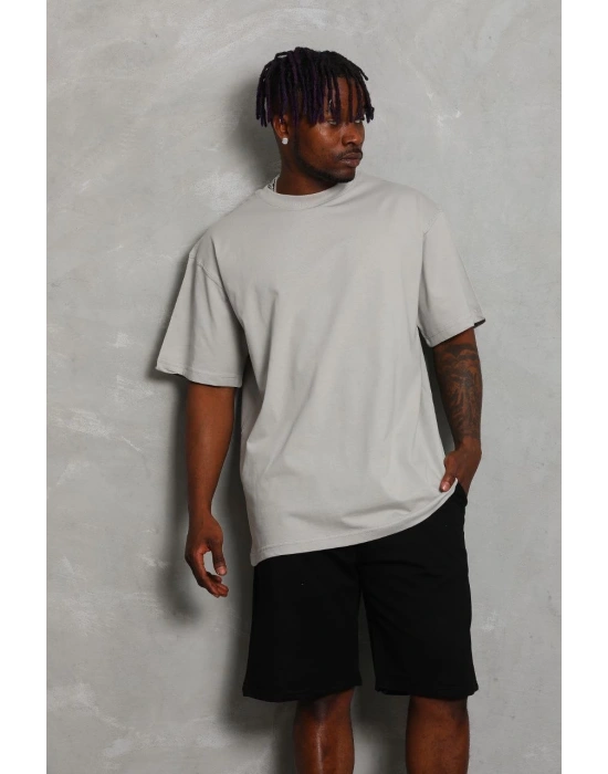 Oversize Düz Bisiklet Yaka T-Shirt - Gri -