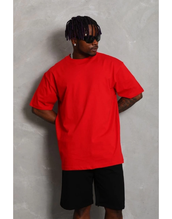 Oversize Düz Bisiklet Yaka T-Shirt - Kırmızı -