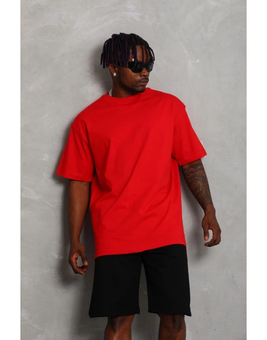 Oversize Düz Bisiklet Yaka T-Shirt - Kırmızı -