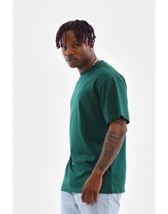 Oversize Düz Bisiklet Yaka T-Shirt - Koyu Yeşili