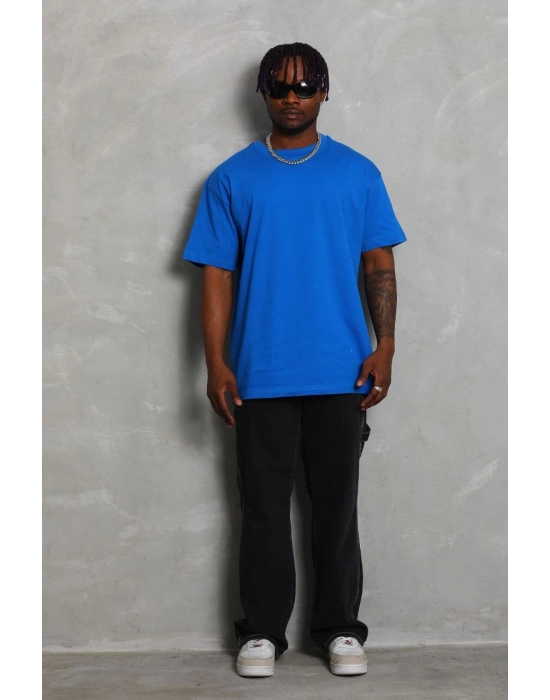 Oversize Düz Bisiklet Yaka T-Shirt - Mavi -