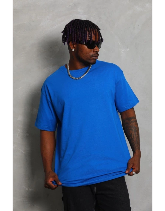 Oversize Düz Bisiklet Yaka T-Shirt - Mavi -