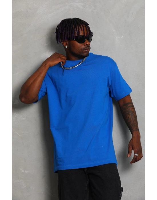 Oversize Düz Bisiklet Yaka T-Shirt - Mavi -