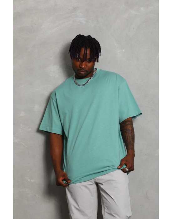 Oversize Düz Bisiklet Yaka T-Shirt - Mint Yeşili -