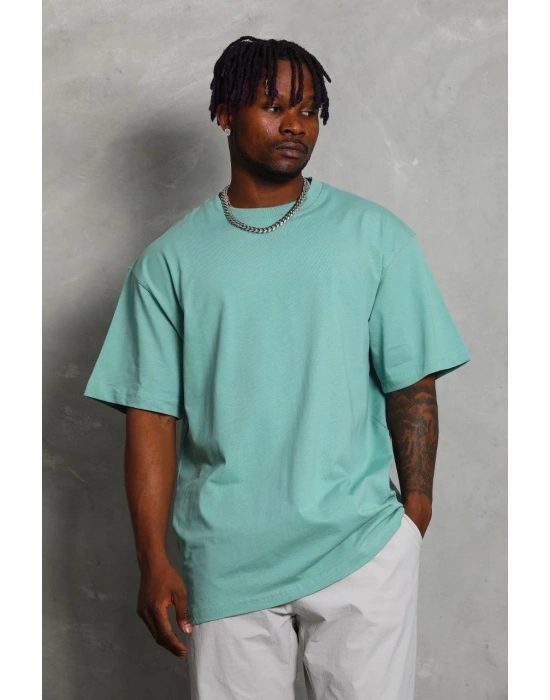 Oversize Düz Bisiklet Yaka T-Shirt - Mint Yeşili -
