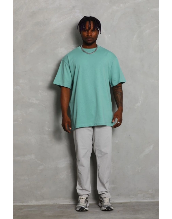 Oversize Düz Bisiklet Yaka T-Shirt - Mint Yeşili -