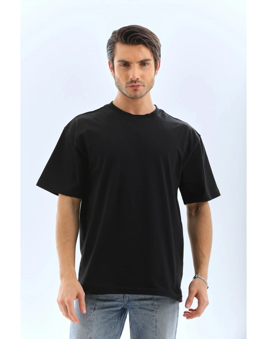 Oversize Düz Bisiklet Yaka T-Shirt - Siyah