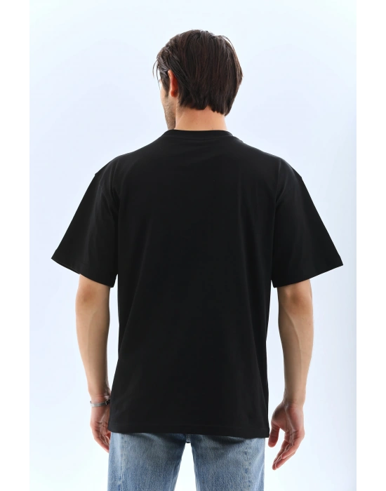 Oversize Düz Bisiklet Yaka T-Shirt - Siyah