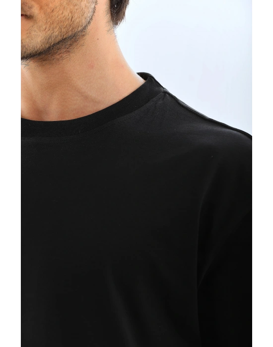 Oversize Düz Bisiklet Yaka T-Shirt - Siyah