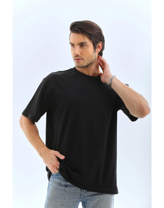 Oversize Düz Bisiklet Yaka T-Shirt - Siyah