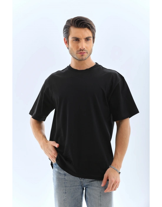 Oversize Düz Bisiklet Yaka T-Shirt - Siyah