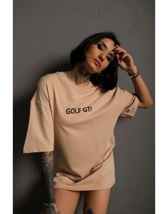 Oversize – Golf GTI Retro Araba Desenli, Ön  Arka Bej -