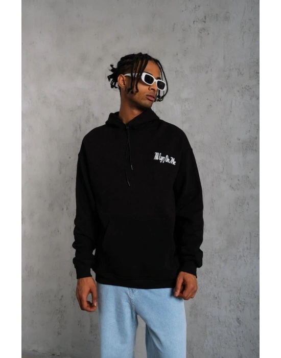 Oversize Kapüşonlu Sweat – Siyah Kol ve Etek Ribana Detaylı -