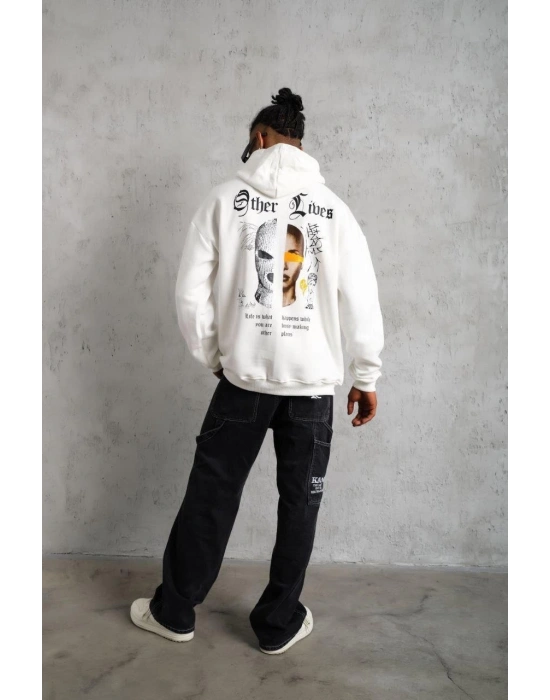 Oversize Kapüşonlu Sweatshirt – Beyaz “Other Lives” Ön ve Arka Baskılı Beyaz -