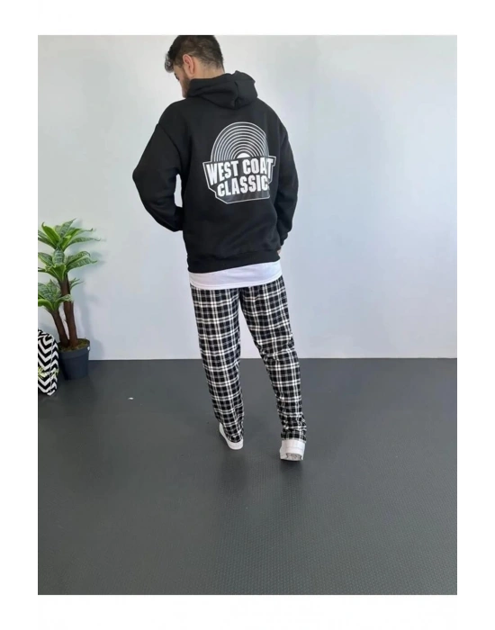 Oversize Kapüşonlu Sweatshirt – Siyah Sırt ve Ön Baskılı-Siyah -