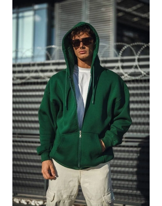 Oversize Tam Fermuarlı Uzun Kol Hırka - Haki -