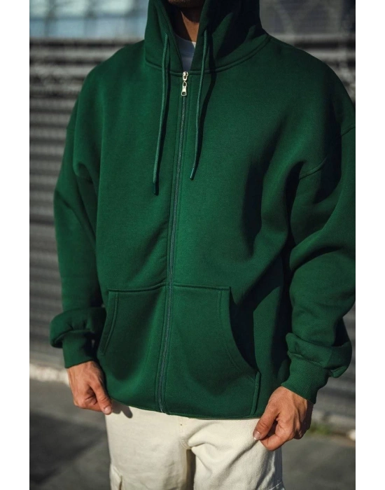 Oversize Tam Fermuarlı Uzun Kol Hırka - Haki -