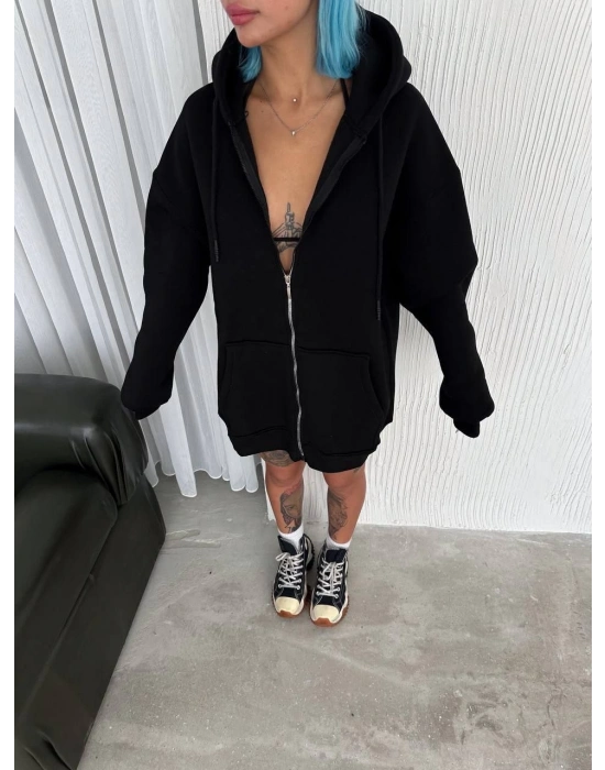 Oversize Tam Fermuarlı Uzun Kol Hırka - Siyah -