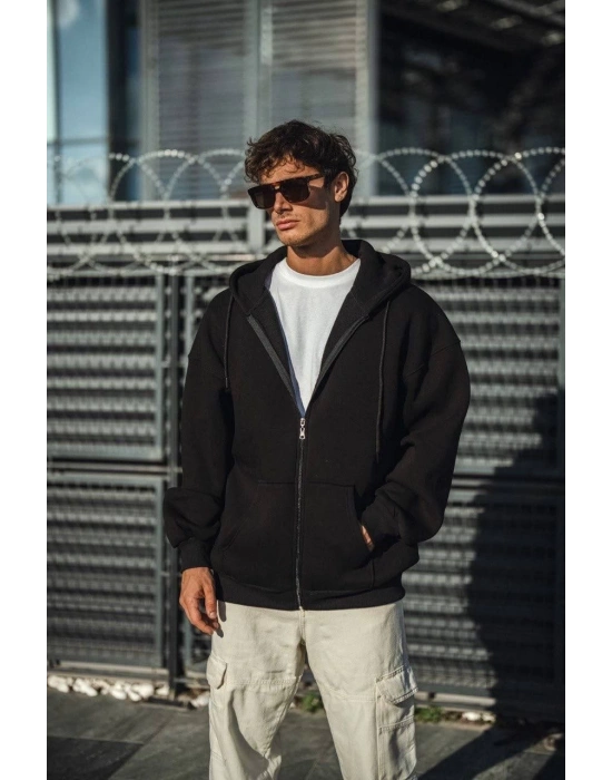 Oversize Tam Fermuarlı Uzun Kol Hırka - Siyah -