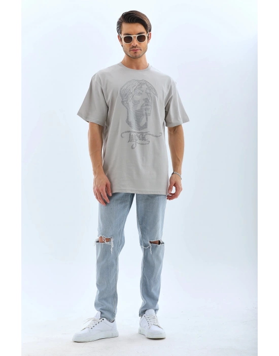 Oversize Taşlı Bisiklet Yaka T-Shirt - Gri -