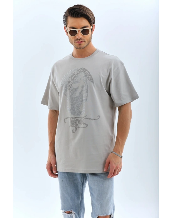 Oversize Taşlı Bisiklet Yaka T-Shirt - Gri -