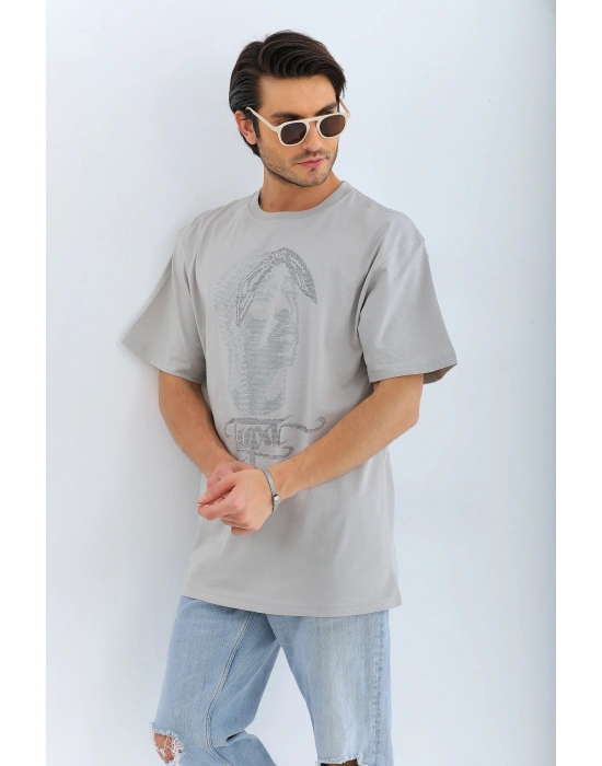 Oversize Taşlı Bisiklet Yaka T-Shirt - Gri -