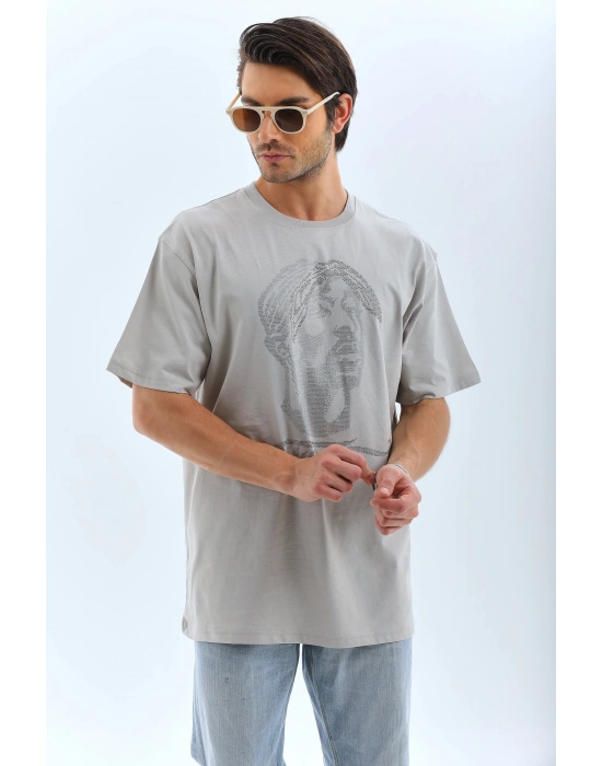 Oversize Taşlı Bisiklet Yaka T-Shirt - Gri -