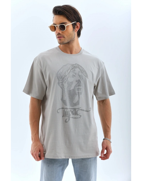 Oversize Taşlı Bisiklet Yaka T-Shirt - Gri -