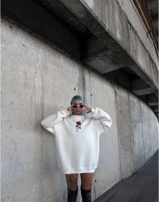 Oversize Üç İplik Bisiklet Yaka Baskılı SweatShirt - Beyaz -