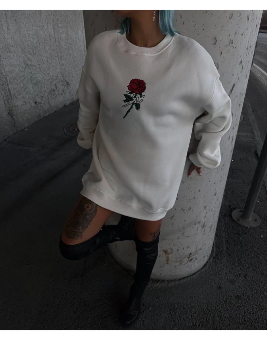 Oversize Üç İplik Bisiklet Yaka Baskılı SweatShirt - Beyaz -