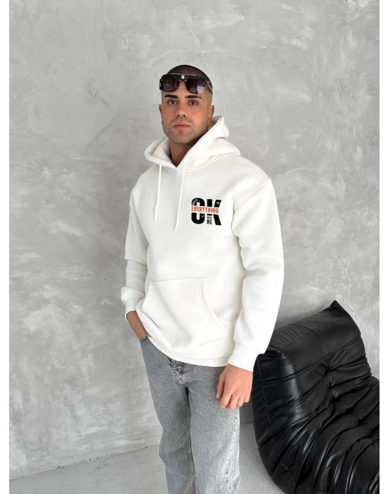Oversize Üç İplik Kapüşonlu SweatShirt - Beyaz