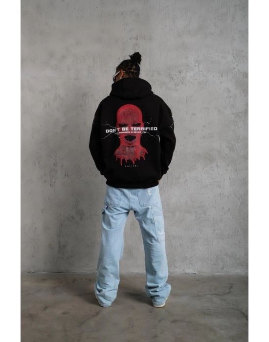 Oversize Üç İplik Kapüşonlu Sweatshirt – Siyah “Don’t Be Terrified” Ön, Sırt ve Kol Baskılı, Kanguru Cepli, Ribanalı Rahat Model- Siyah -