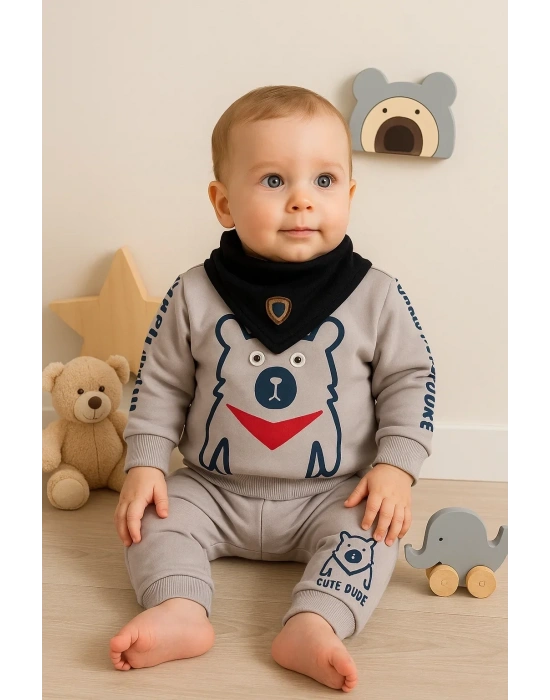 Oynar Gözlü Fularlı 3lü Erkek Bebek Takımı