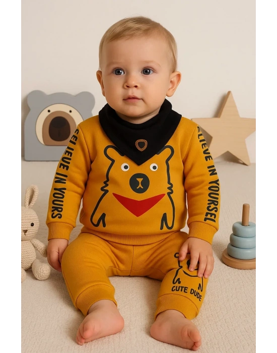 Oynar Gözlü Fularlı 3lü Erkek Bebek Takımı