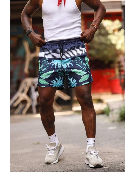 Palmiye Desenli Deniz Cepli Şort - Mavi -