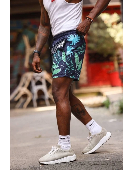 Palmiye Desenli Deniz Cepli Şort - Mavi -