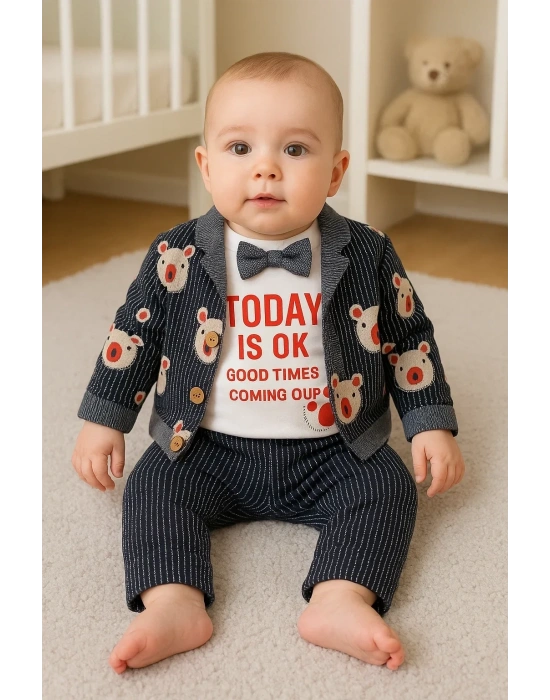 Papyonlu Bear Çizgili Model Ceketli 3lü Erkek Bebek Takımı