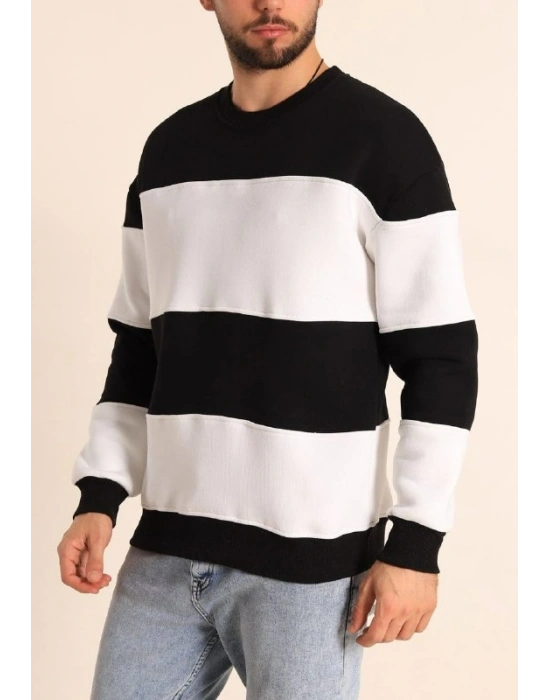 Parçalı Bisiklet Yaka Baskılı SweatShirt - Siyah -