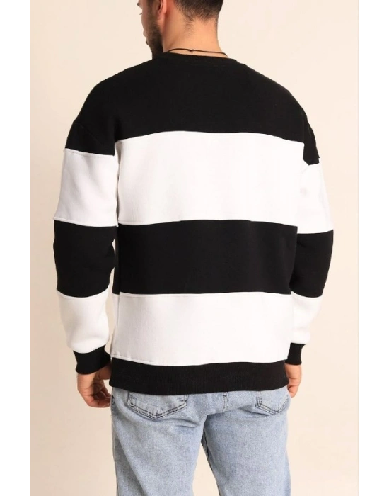 Parçalı Bisiklet Yaka Baskılı SweatShirt - Siyah -