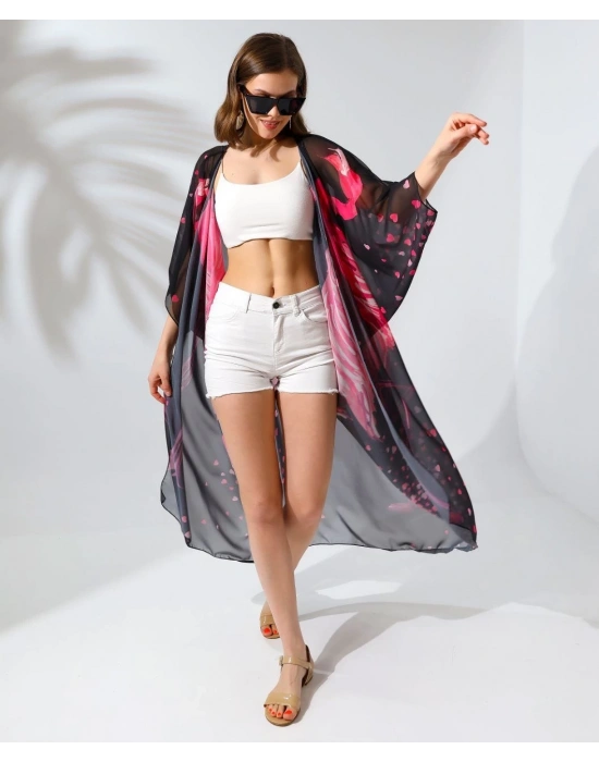 Rahat Kesim Şifon Kimono - Siyah -