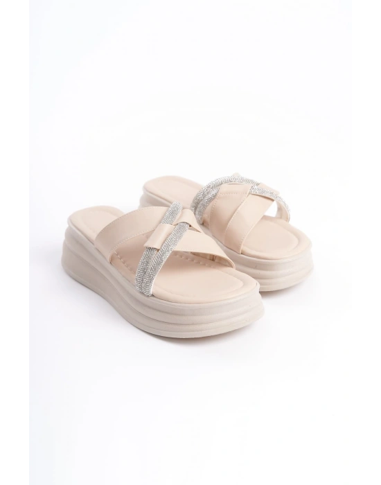 RUBY Düz Topuklu Taşlı Çapraz Şeritli Kalın ve Ortopedik Taban Kadın Terlik  CKT - Krem