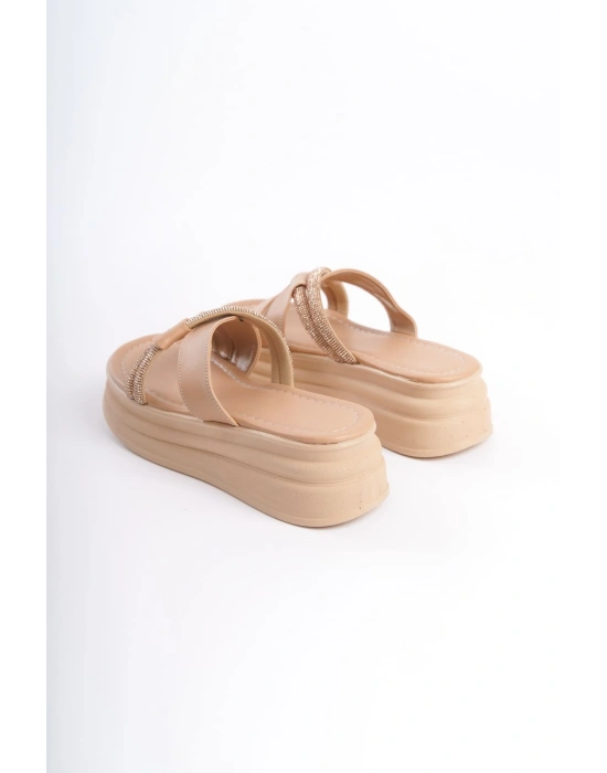 RUBY Düz Topuklu Taşlı Çapraz Şeritli Kalın ve Ortopedik Taban Kadın Terlik  CTT - Ten