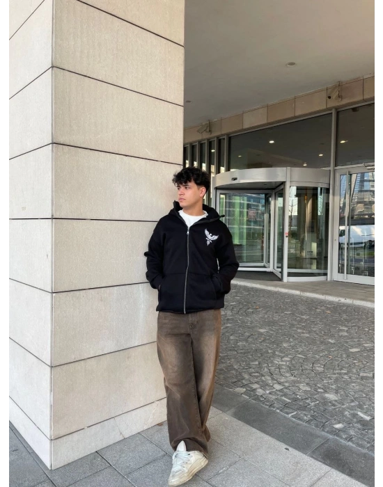 Samuray kapüşonlu ZIP Fermuarlı kapüşonlu SweatShirt - Siyah