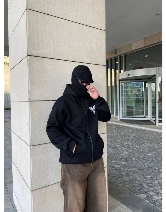 Samuray kapüşonlu ZIP Fermuarlı kapüşonlu SweatShirt - Siyah
