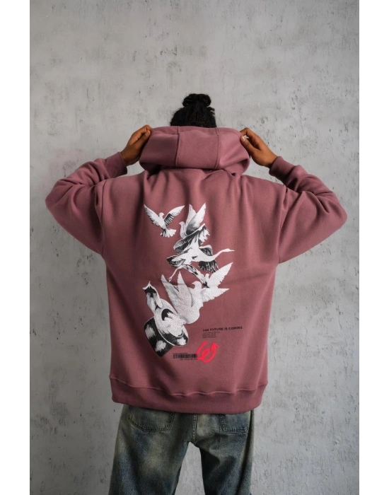 Şapkalı Güvercin Baskılı Kapşonlu Sweat - Gül Kurusu