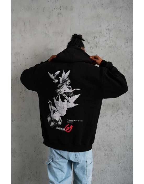 Şapkalı Güvercin Baskılı Kapşonlu Sweat - Siyah