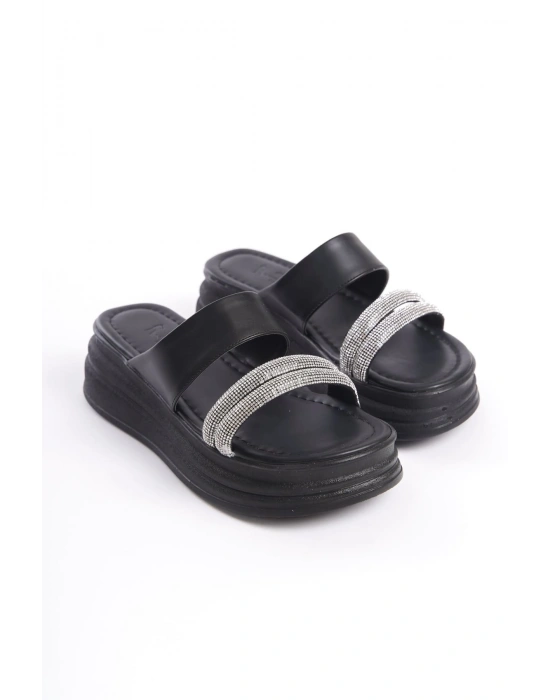 SARAH Düz Topuklu Taşlı Şeritli Kalın ve Ortopedik Taban Kadın Terlik CST - Siyah