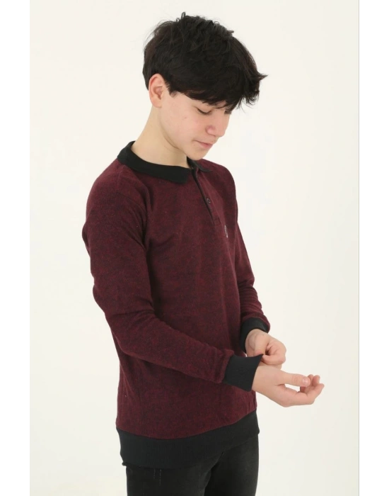 Selanik Yaka Nakışlı Kazak - Kırmızı -